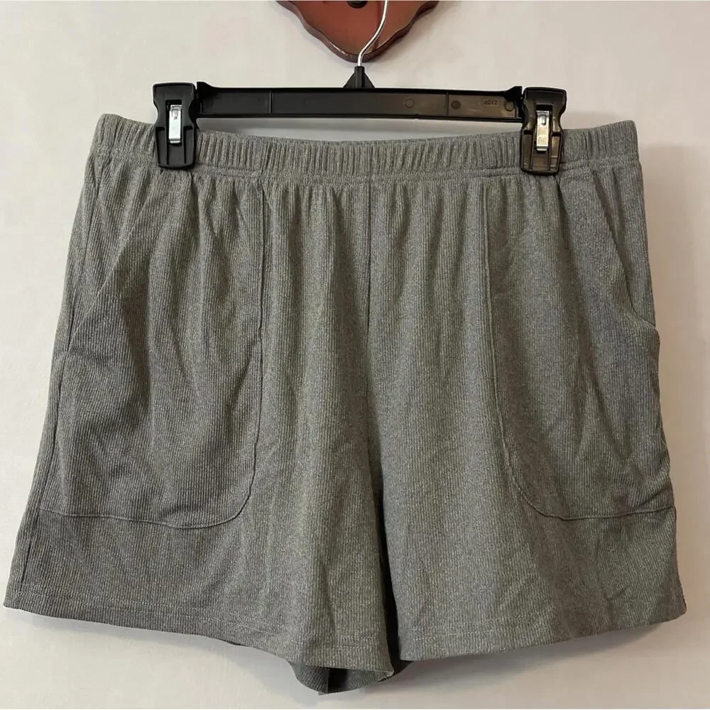 Womens Large Gray Ribbed Shirt & Shorts Comfy Pull-On Stretchy Lounge Set! A3037 - Picture 6 of 9